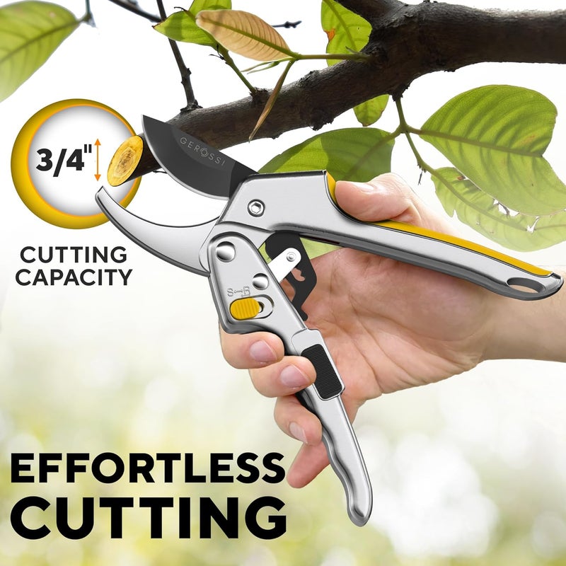GEROSSI Ratchet Pruning Shears for Gardening Heavy Duty - Increases Cutting Power 3x - Perfect Ratchet Pruners for Weak Hands & Arthritis - 8” Anvil Garden Clippers - Sharp Blade for Effortless Cutting-Yellow - Image 2